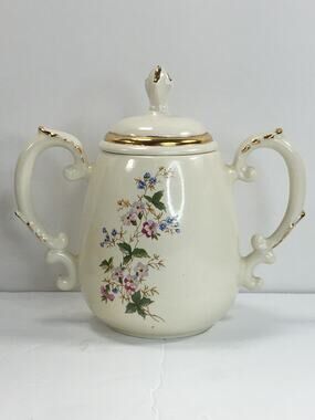 Vintage Loma Pottery Tall Sugar Bowl with Lid Pink & Blue Flowers w/ Gold Trim
